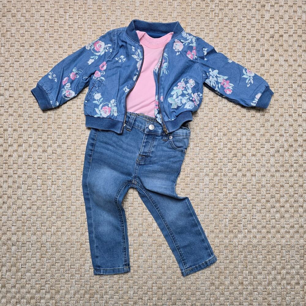 Baby Girl Fall Outfit Denim Jacket Bodysuit 12 - 18 Months 7Jeans OshKosh